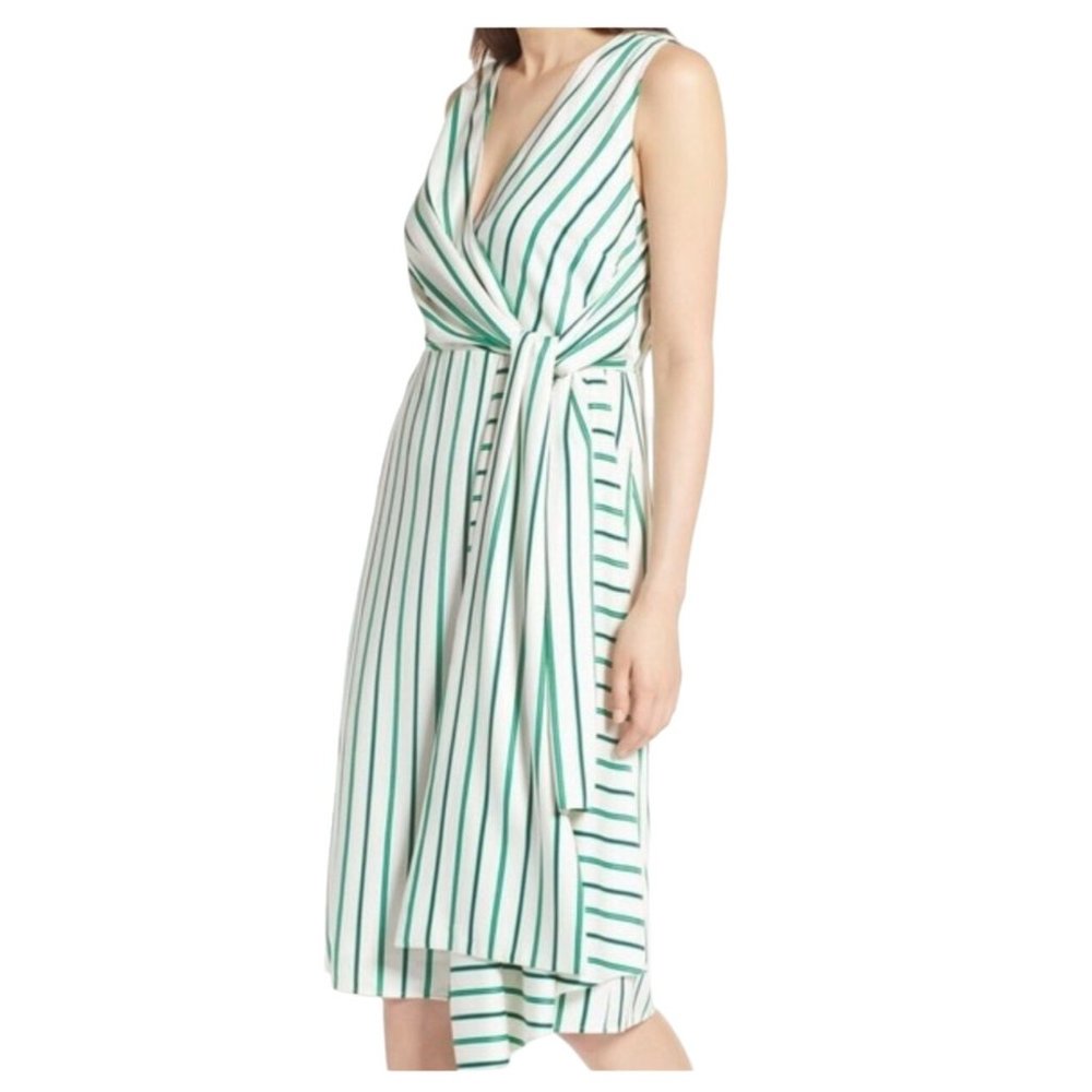 Halogen Draped Faux Wrap Striped Green White Dress L Green White Lined - Picture 15 of 16